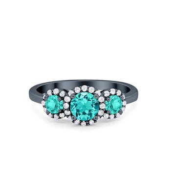 Three Stone Halo Black Tone, Simulated Paraiba Tourmaline CZ Engagement Promise Ring 925 Sterling Silver